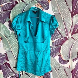 Teal Green Satin Silky Short Sleeve Button Tie Back Blouse Top